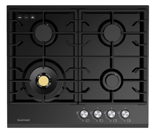 60cm Gas Cooktop with 4 Burners, Black Glass